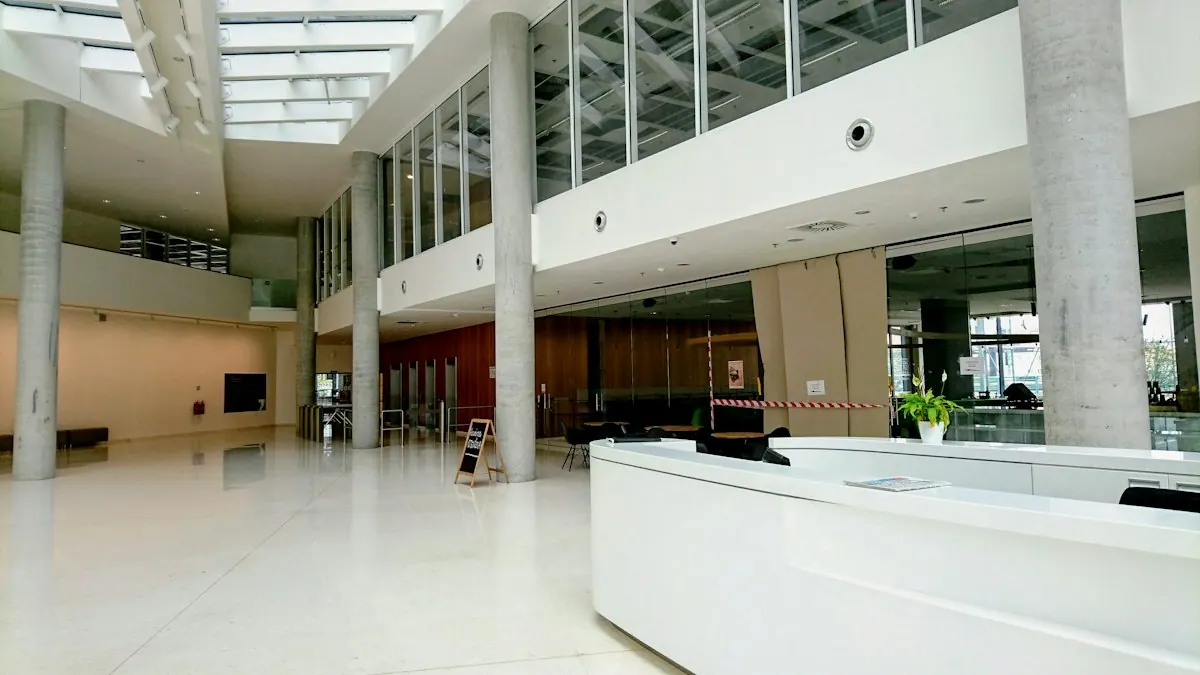 Spacious building atrium with a reception desk