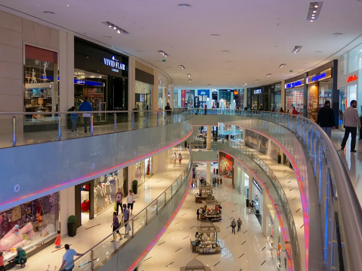 Shops and walkways across two levels of a shopping centre